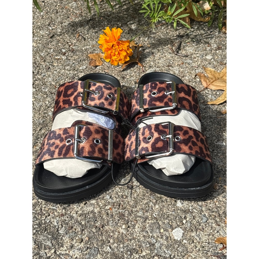 Madden NYC Womens Leopard Double Buckle Footbed Slide Sandals Size 8 NWT
